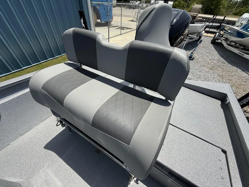 Slide: The Image of 2025 Xpress Hyper-Lift Series H22B boat seat, gray upholstery, outdoor setting. - 8