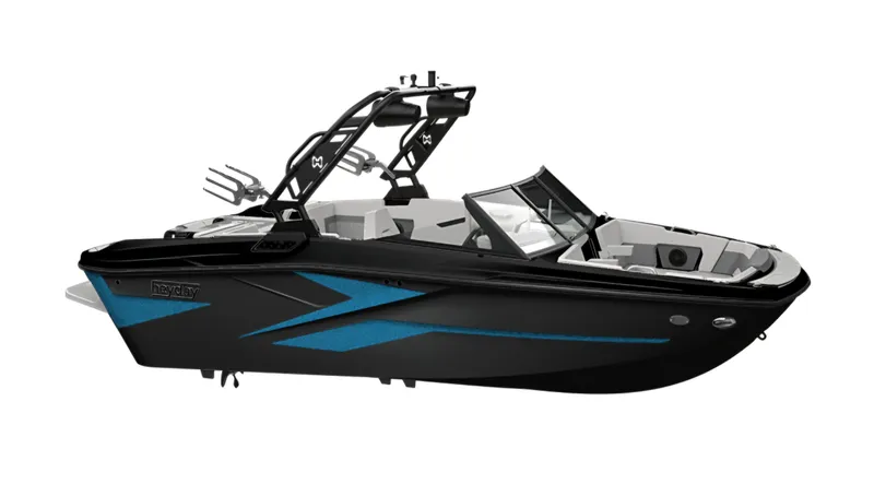 Slide: The Image of 2023 HEYDAY WAKE BOATS H20, sleek black and blue design, modern wakeboard boat. - 7