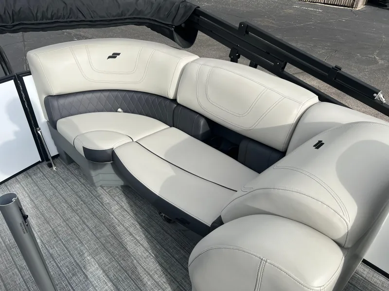 Slide: The Image of Luxurious seating in 2022 Starcraft SLS 5 boat, featuring elegant gray upholstery. - 5