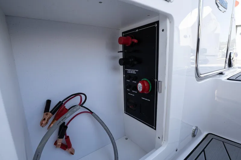 Slide: The Image of Electrical panel and cables in a 2025 Monterey M-65 boat. - 22