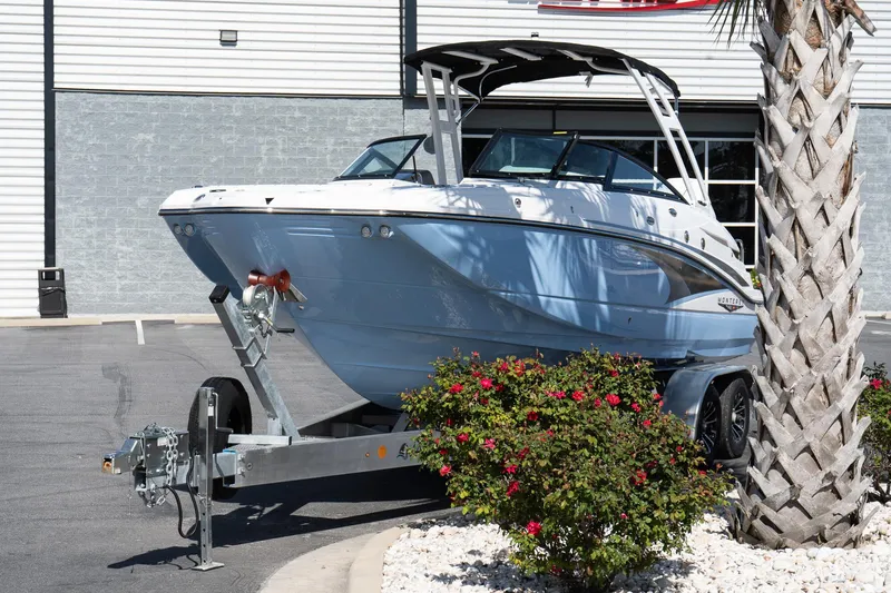 Slide: The Image of 2025 Monterey M-65 boat on trailer, parked near palm tree and flowers. - 3