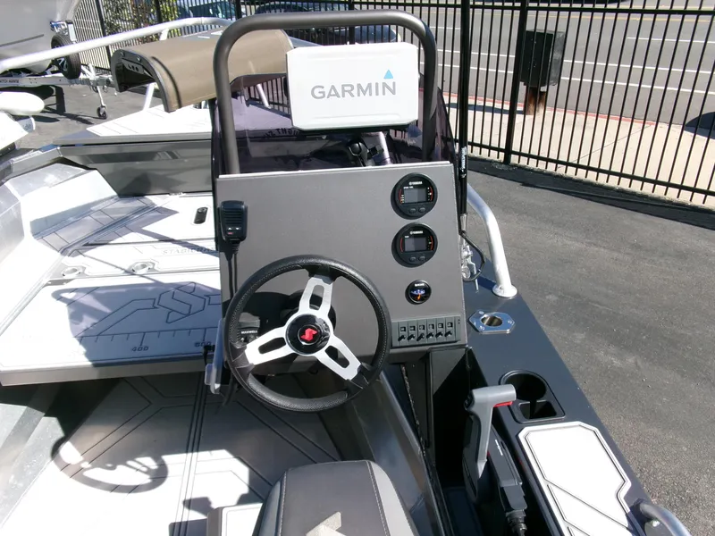 Slide: The Image of 2023 Stabicraft 1550 Frontier Profish boat dashboard with Garmin navigation system. - 11