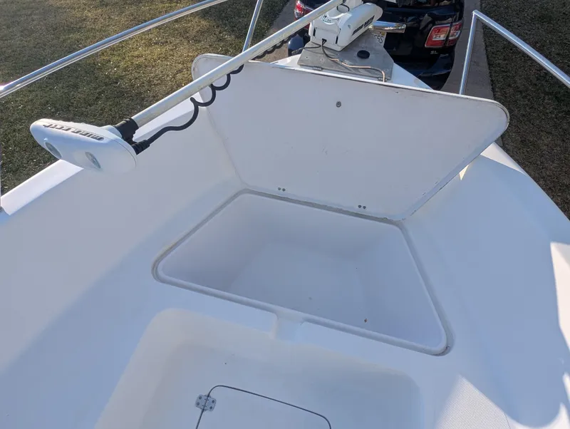 Slide: The Image of 2003 Pro-Line 22 Sport boat with open storage compartment and trolling motor. - 11