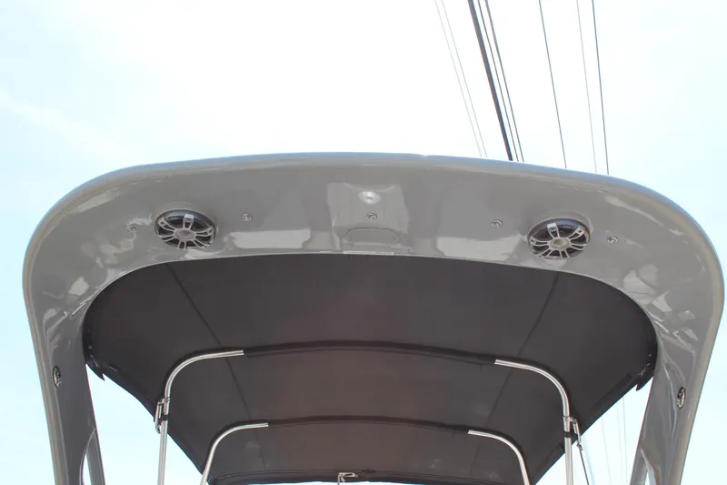 Slide: The Image of 2023 Tahoe Pontoon Grand Tahoe 25' canopy with speakers, viewed from below. - 15