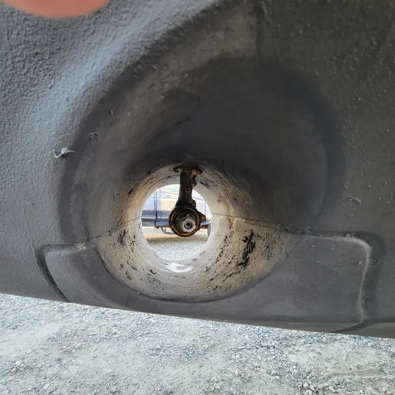 Slide: The Image of Close-up of 2022 Greenline 40 Hybrid boat's propeller tunnel. - 13