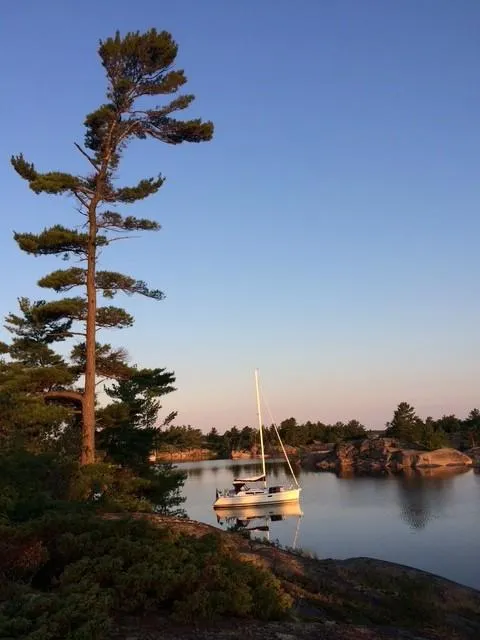 Slide: The Image of Sailboat Jeanneau Sun Odyssey 36i, 2010, anchored in serene lake with tall pine tree. - 5