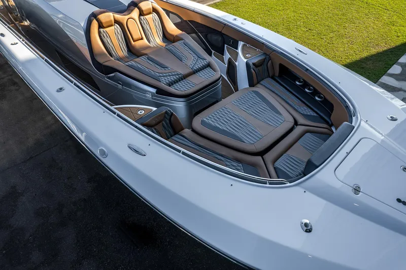 Slide: The Image of Luxury MTI V50 boat interior with sleek seating, 2022 model. - 43
