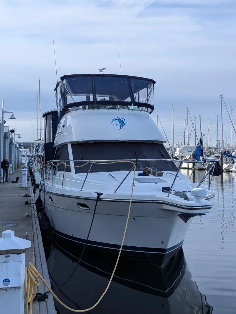 Slide: The Image of 2002 Bayliner 4087 Aft Cabin Motoryacht docked at marina, calm waters, overcast sky. - 38