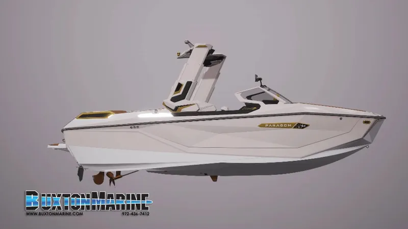 Slide: The Image of 2025 Nautique Super Air Nautique G23 Paragon boat, side view, white and gold accents. - 1