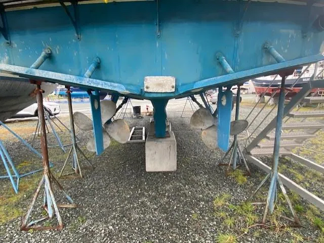 Slide: The Image of Underwater view of 1980 Ocean Alexander 50 MK1 boat propellers on dry dock. - 49
