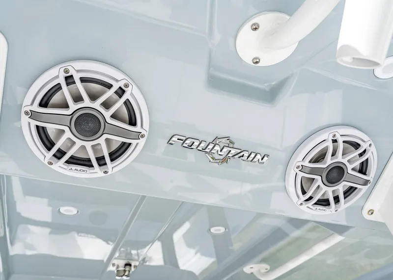 Slide: The Image of 2026 Fountain 38 TE boat speakers and logo detail. - 12