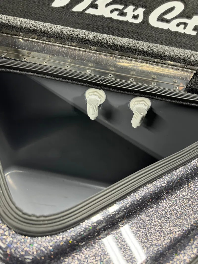 Slide: The Image of 2026 Bass Cat Lynx STS boat compartment with dual white valves and sleek design. - 15