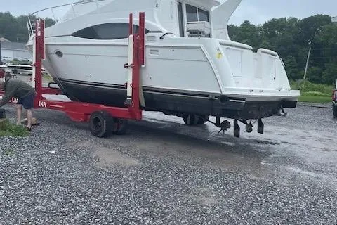 Slide: The Image of 2001 Carver 350 Mariner yacht on trailer, ready for transport. - 10