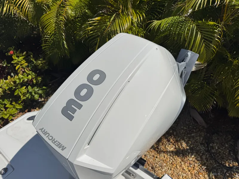 Slide: The Image of 2020 Monterey M-65 boat with Mercury outboard engine, surrounded by lush greenery. - 24