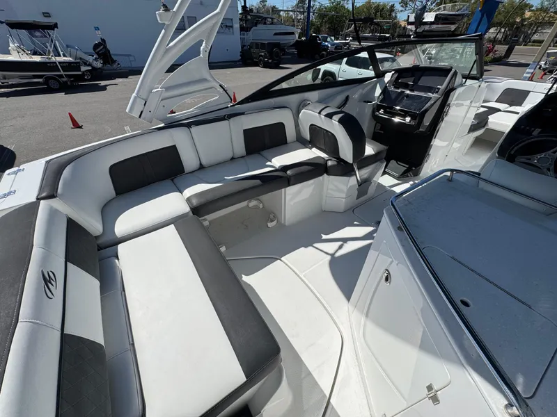 Slide: The Image of 2020 Monterey M-65 boat interior with sleek seating and modern design. - 30