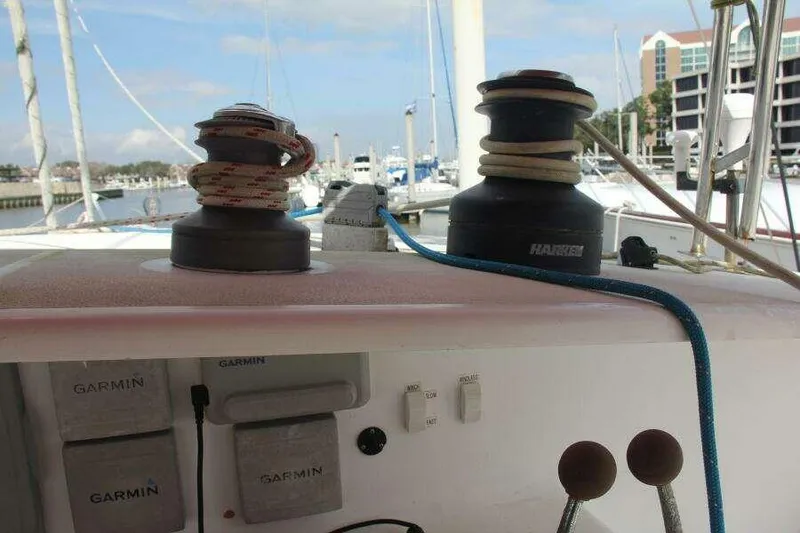 Slide: The Image of Sailing yacht deck with winches and Garmin equipment, Voyage Yachts Mayotte 1995 model. - 46