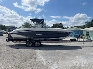 Slide: The Image of 2015 Stingray 234 Series boat on trailer under a sunny sky. - 4