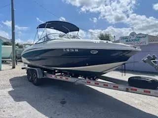 Slide: The Image of 2015 Stingray 234 Series boat on trailer under blue sky. - 6