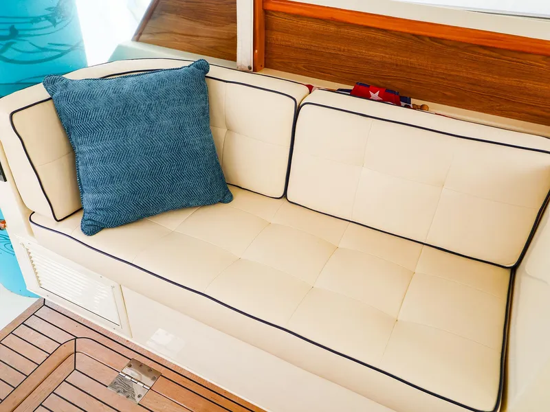 Slide: The Image of Cream leather boat seating with blue cushion, Legacy 32 model, 2009. - 13
