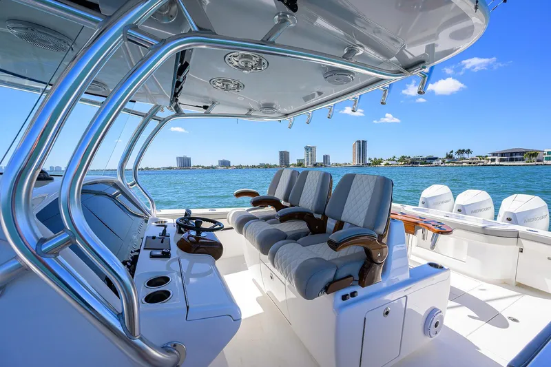 Slide: The Image of 2023 Valhalla Boatworks V-41 interior with luxurious seating and ocean view. - 17
