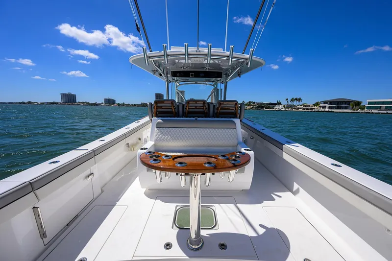 Slide: The Image of 2023 Valhalla Boatworks V-41 on water, sunny day, spacious deck, modern design. - 27