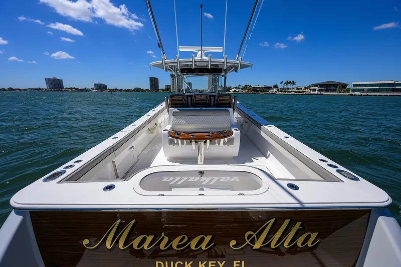 Slide: The Image of 2023 Valhalla Boatworks V-41 on water, sunny day, "Marea Alta" name visible. - 29
