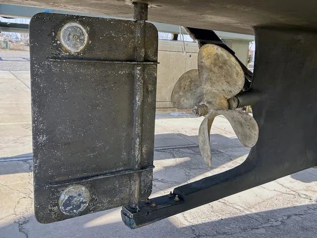 Slide: The Image of Propeller and rudder of 2008 Eastern Casco Bay 31 boat on dry dock. - 30