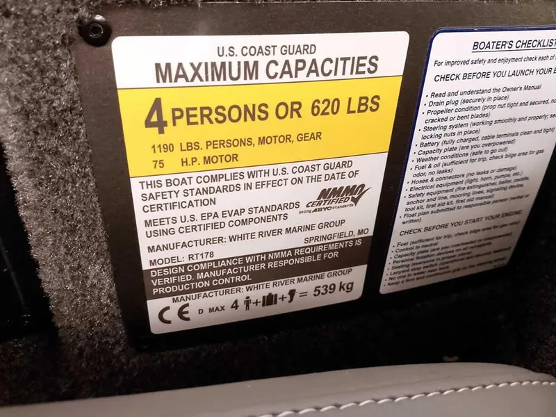 Slide: The Image of Capacity label on 2025 Ranger RT178 SC boat, max 4 persons or 620 lbs, 75 HP motor. - 23