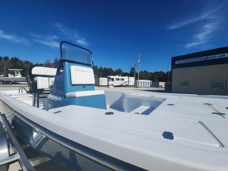 Slide: The Image of 2025 Blazer Bay 2200 boat with sleek design, parked outdoors under clear blue sky. - 17