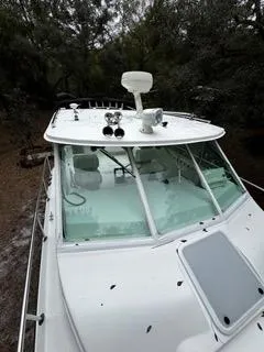 Slide: The Image of 2004 Baha Cruisers 290 King Kat boat with white exterior, docked in a wooded area. - 43