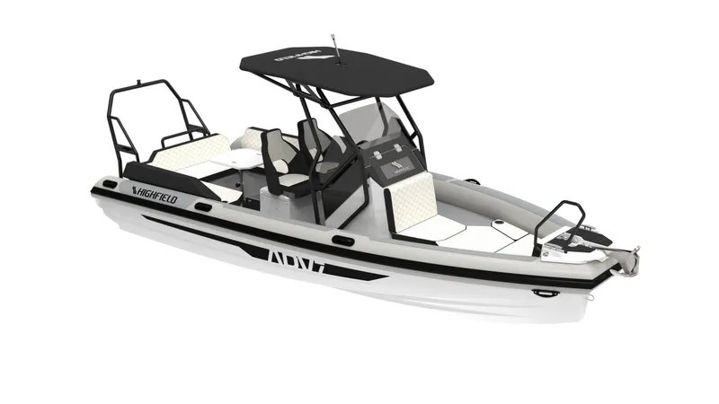 Slide: The Image of 2025 Highfield ADV7 boat with sleek design, black canopy, and modern seating arrangement. - 1