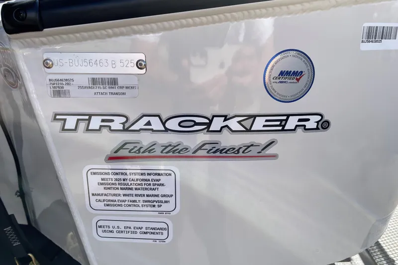 Slide: The Image of 2025 Tracker Savage 215 boat with emissions certification and "Fish the Finest!" slogan. - 93