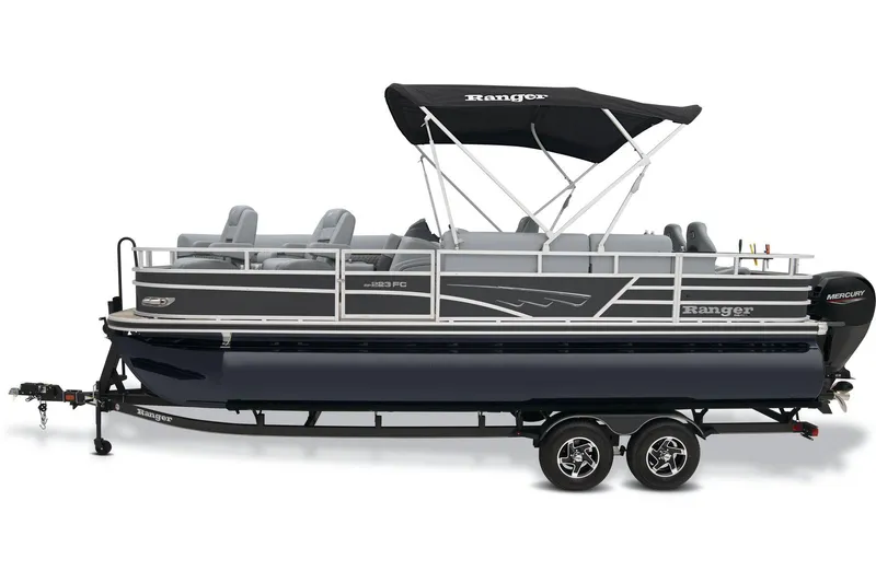 Slide: The Image of 2025 Ranger Reata 223FC boat parked in a wooded area, rear view. - 4
