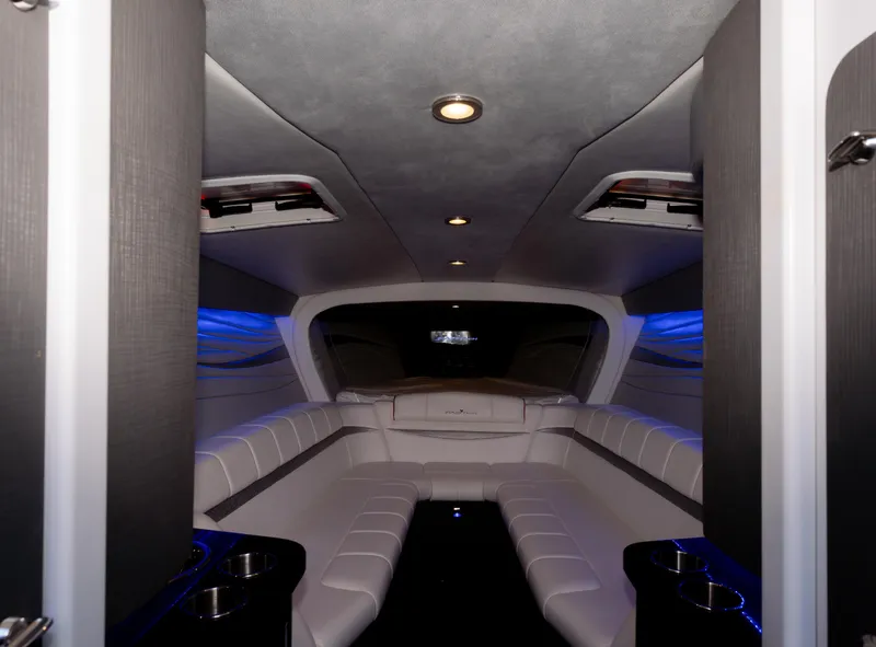 Slide: The Image of Interior of 2017 Formula 382 FASTech boat with sleek seating and ambient lighting. - 14