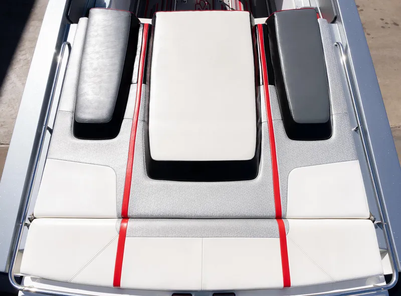 Slide: The Image of 2017 Formula 382 FASTech boat interior with sleek seating and red accents. - 9