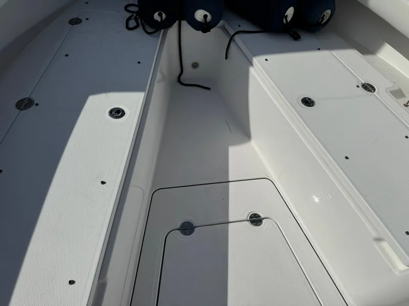 Slide: The Image of 2019 Everglades 273 CC boat interior with storage compartments and fenders. - 35