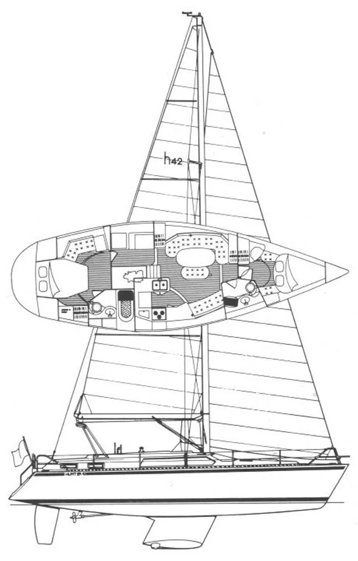 Slide: The Image of Line drawing of a 1993 Hunter Passage 42 sailboat, showing interior layout and side profile. - 26