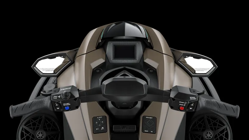 Slide: The Image of 2025 Yamaha Waverunner GP SVHO with Audio, sleek dashboard and controls, black background. - 9