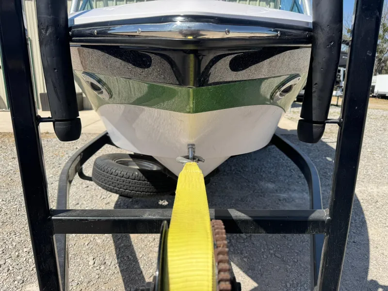 Slide: The Image of 2008 Nautique Super Air 220 boat on trailer, front view with yellow strap. - 4