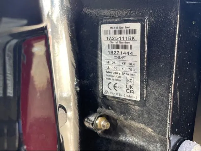 Slide: The Image of 2025 Lund Fury 1600 Tiller Heritage Edition engine label with specifications and serial number. - 12