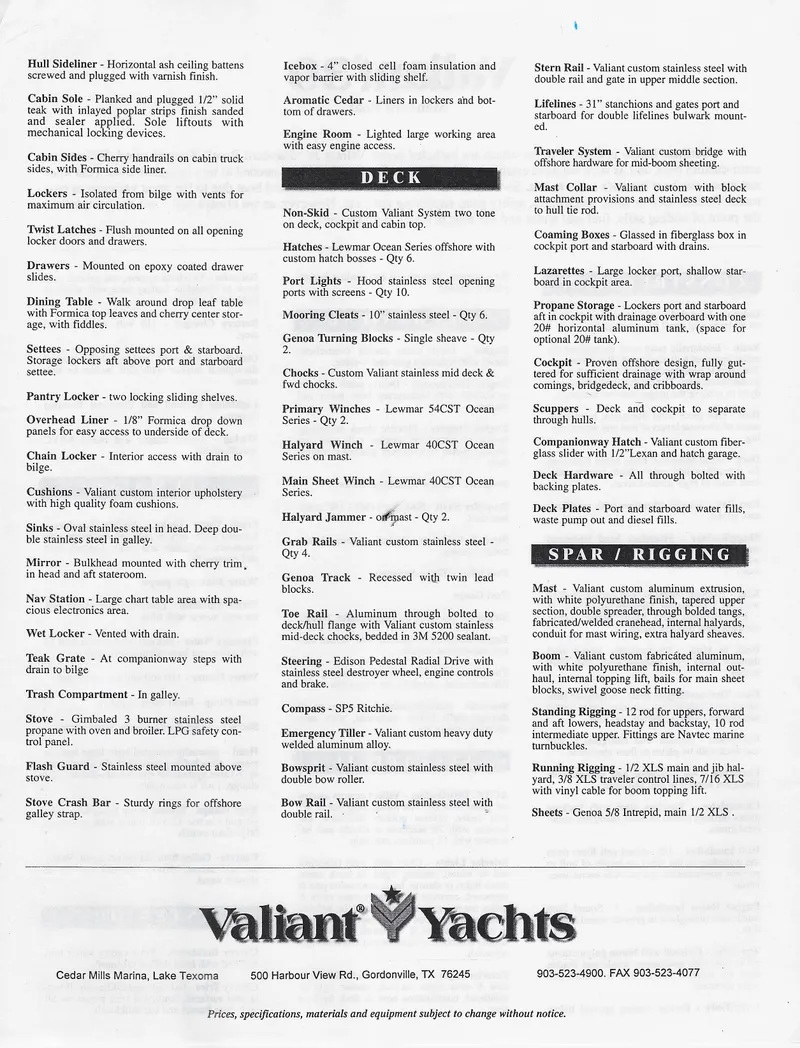 Slide: The Image of Valiant Yachts 1996 brochure detailing features of the Valiant 39 model, including deck and rigging. - 22