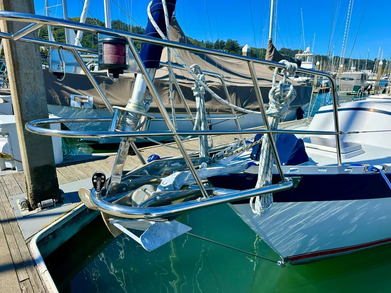 Slide: The Image of Valiant 39 sailboat, 1996 model, docked in marina with clear blue sky. - 5