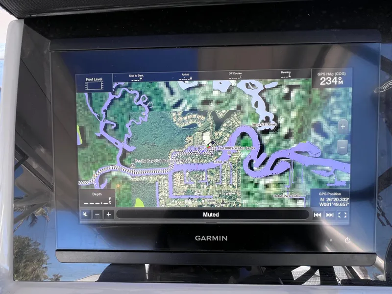 Slide: The Image of Garmin GPS display on 2021 Jeanneau Leader 9.0 WA boat, showing navigational map. - 30