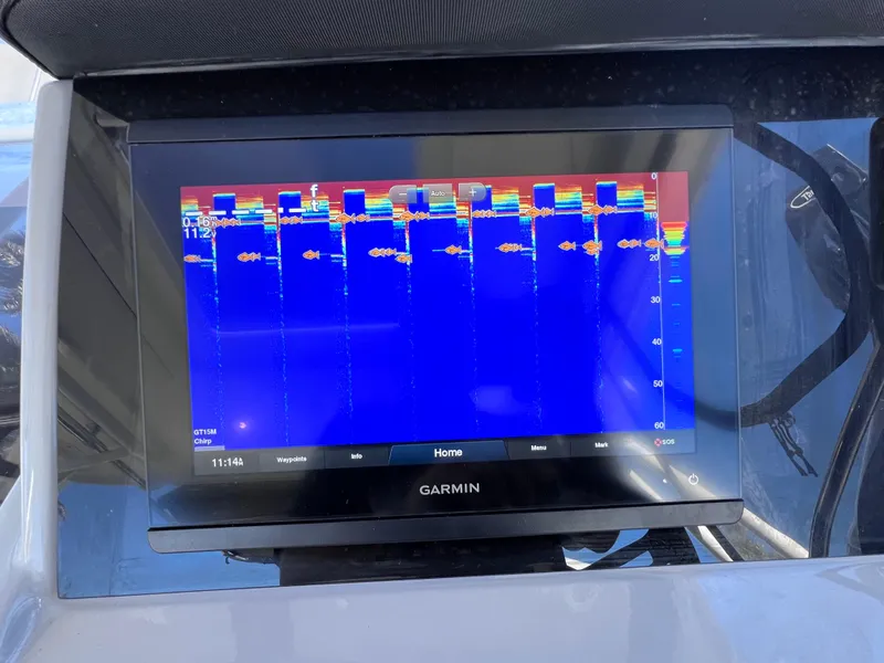 Slide: The Image of Garmin marine display on 2021 Jeanneau Leader 9.0 WA boat, showing sonar data. - 32