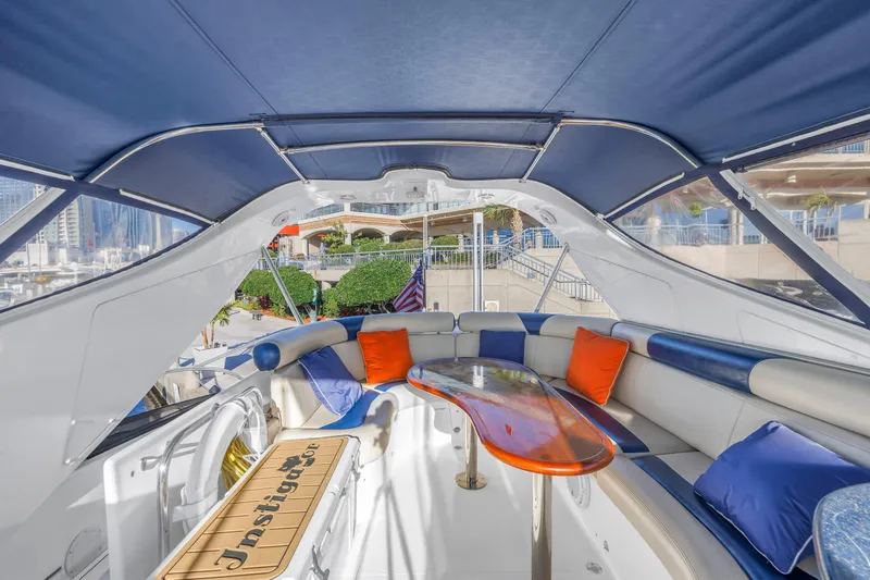 Slide: The Image of Luxurious 2007 Neptunus 62 Flybridge yacht interior with blue canopy and vibrant seating. - 26