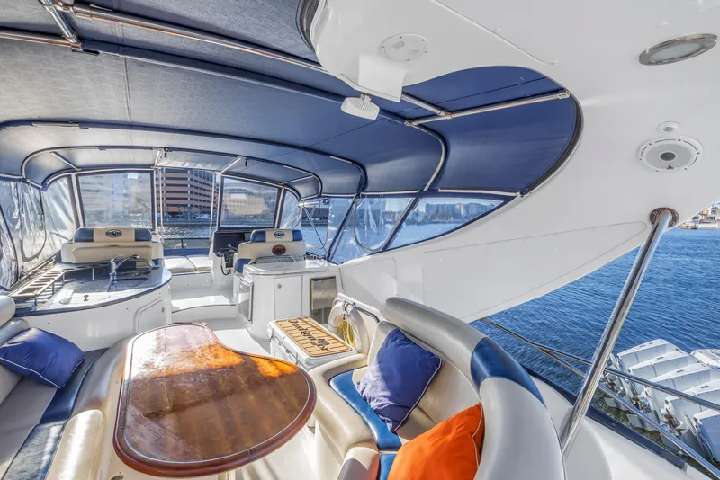 Slide: The Image of Luxurious 2007 Neptunus 62 Flybridge yacht interior with plush seating and ocean view. - 28