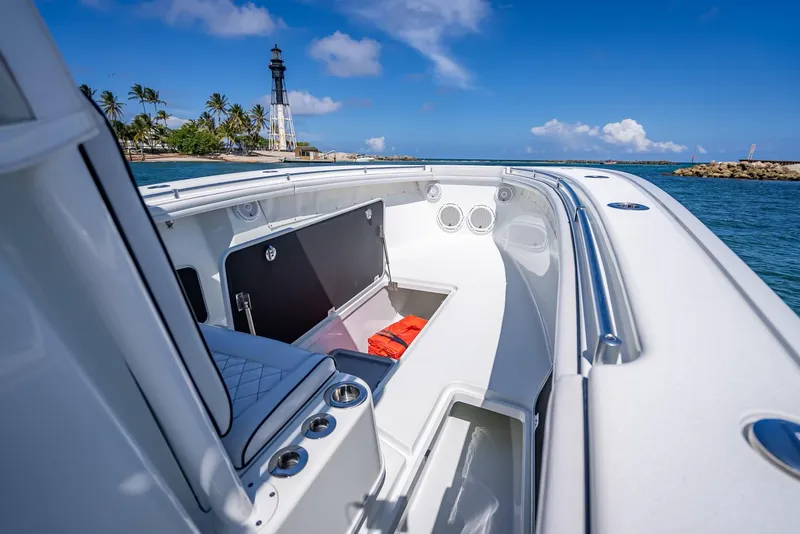 Slide: The Image of 2019 Yellowfin 34 boat interior with lighthouse and ocean view. - 35