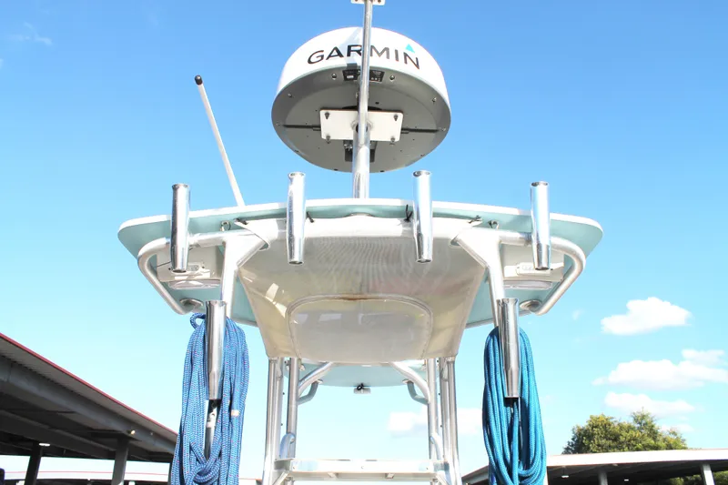 Slide: The Image of 2018 Andros 26 Tarpon boat with Garmin radar, blue sky background. - 12
