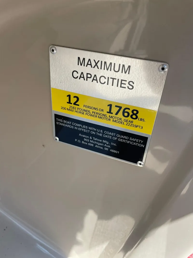 Slide: The Image of 2021 Avalon GS Quad Lounger capacity plate, 12 persons or 1768 lbs maximum. - 17