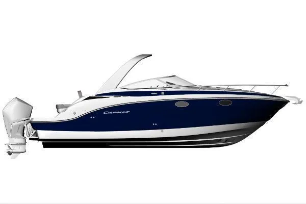 Slide: The Image of 2024 Crownline 280 CRX boat, sleek design, navy blue hull, side view. - 5